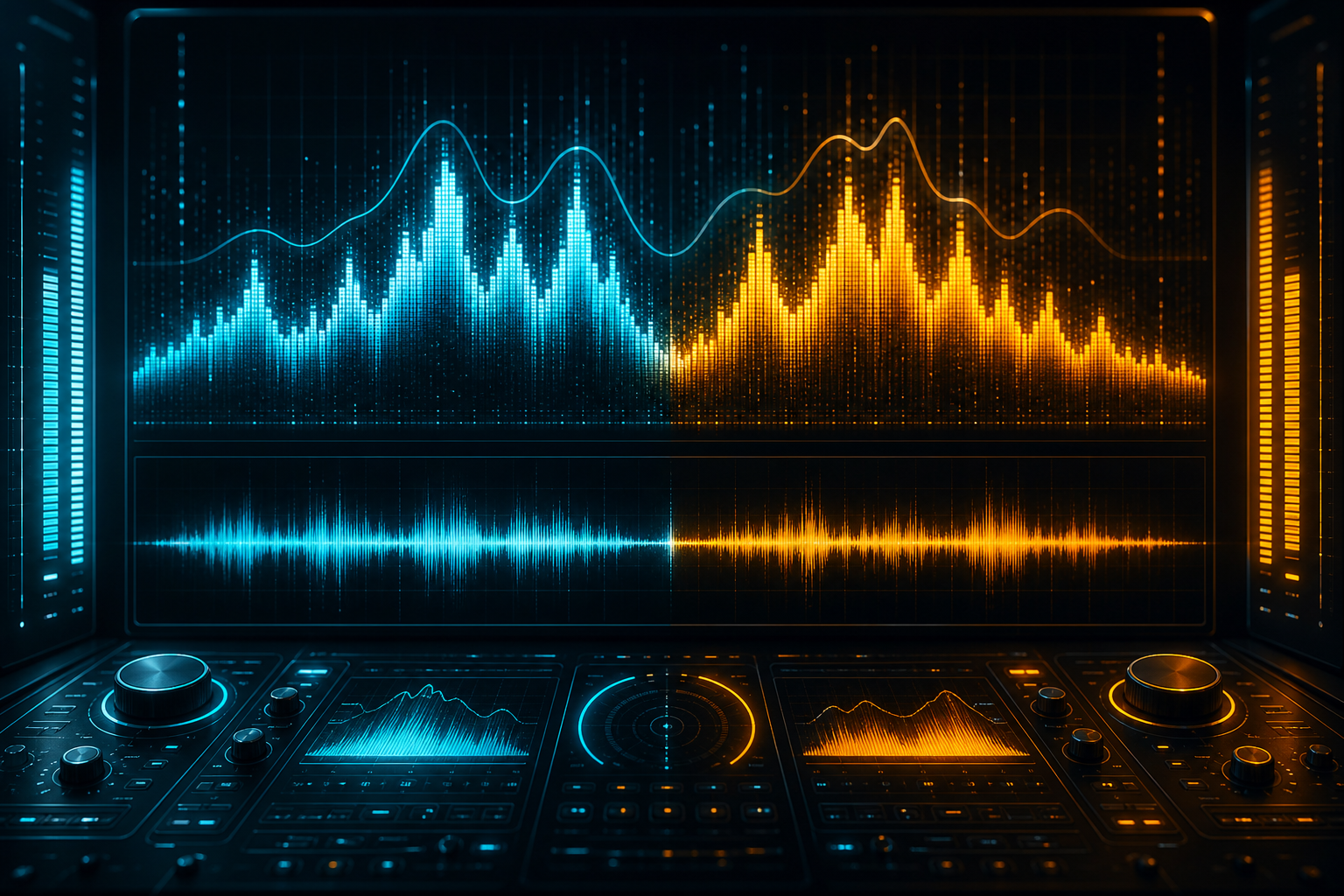 AI mastering visualization with neon spectrum waveform for instant online mastering