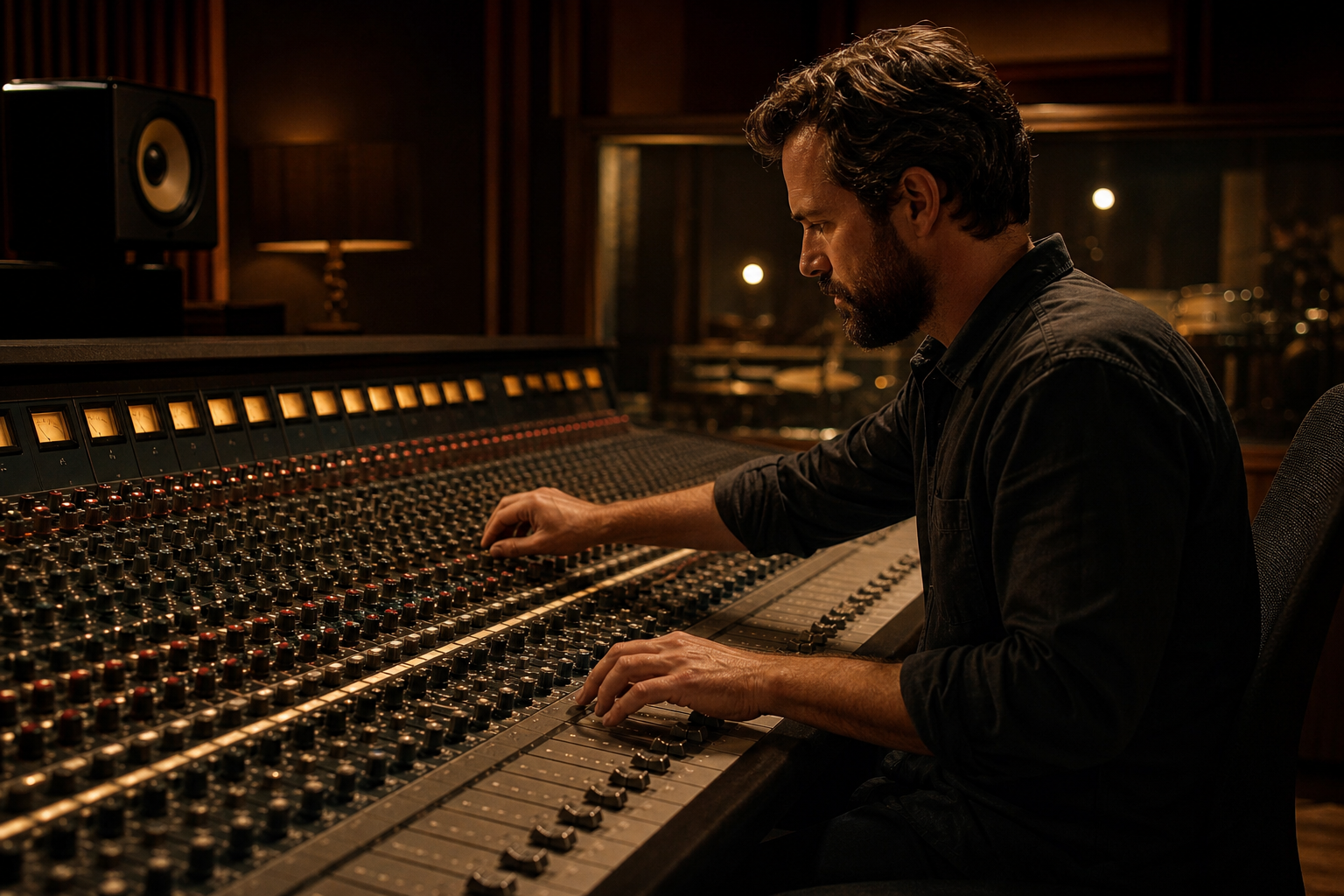 Professional audio mixing engineer working at an analog console in a mastering studio